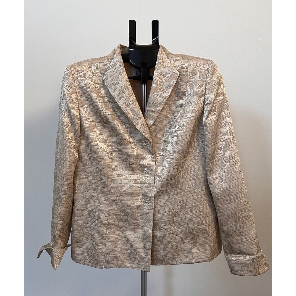 Le Suit Women’s Blazer Suit Jacket Gold Champagne Brocade Floral Size 10 EUC
